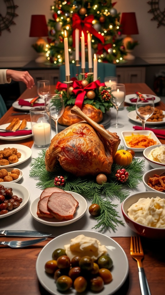 A festive Christmas dinner table with prime rib, honey-glazed ham, and vibrant side dishes, decorated for the holidays.